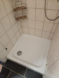 3: Einfache 1-Zimmer Wohnung in Bad Wörishofen في باد فوريسهوفن: مرحاض أبيض في حمام مع دش