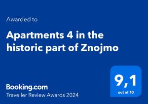 Certifikát, ocenenie alebo iný dokument vystavený v ubytovaní Apartments 4 in the historic part of Znojmo