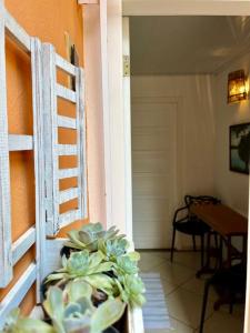 una planta en un jarrón al lado de una puerta en Suíte Lavanda Cama & Café - Centro, Marechal Floriano-ES, en Marechal Floriano