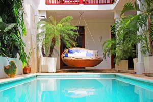 una piscina con columpio en una casa con plantas en Hotel and Coffe Azul, en León