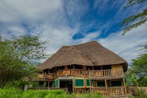 ein strohgedecktes Haus mit einem Strohdach in der Unterkunft Embogo Safari Lodges in Katoke
