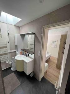 ein Badezimmer mit einem Waschbecken, einem WC und einem Spiegel in der Unterkunft Maisonette Ti’calypso T2 - proche plage in Saint-Nazaire