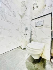a white bathroom with a toilet and a shower at Hotel Ocean Inn Near Delhi Airport in New Delhi