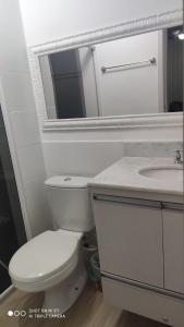 a bathroom with a toilet and a sink and a mirror at Apt 2 qtos, prox. ao Rio centro, Jun, e P. Olimpic in Rio de Janeiro