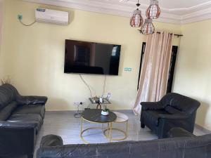 a living room with two couches and a tv at RESIDENCE ROYAL in Douala