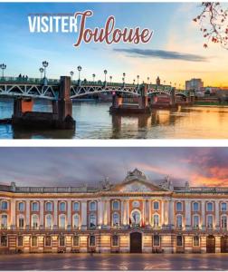 a collage of two pictures of a building and a bridge at Maison d'hôtes chic à Beauzelle in Beauzelle