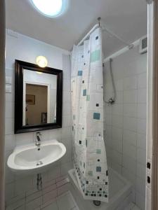 a bathroom with a sink and a shower curtain at Residenza Storica in Villa Palazzo Bruciato in Florence