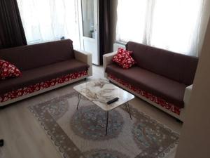 a living room with two couches and a coffee table at TANER PANSiYON in Edirne