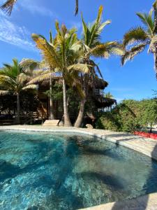 una piscina con palme di fronte a una casa di Bungalows Las Balsas a Máncora