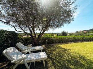 two lounge chairs sitting under a tree in a yard at Villa Erika Is Molas mare golf in Pula