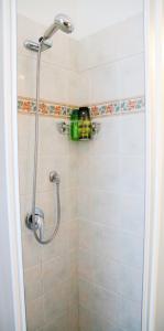 een badkamer met een douche en een groene fles bij Guest House Guicciardini in Reggio Emilia