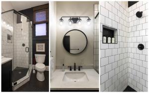 two pictures of a bathroom with a toilet and a mirror at Walk to Downtown, Bars, Stadiums - Perfect for 4! in Covington +9 photos