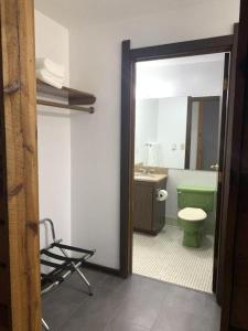 uma casa de banho com um WC verde e um espelho. em Bridge Inn Tomahawk - Room 105, Pet Allow Per Request, 2 Queen Size Beds, Walkout, River View em Tomahawk