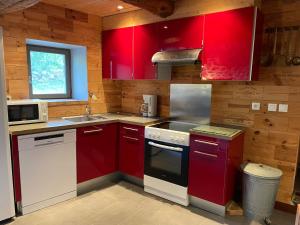a kitchen with red cabinets and a stove top oven at La clé des champs de Laumont in Saint-Diéry