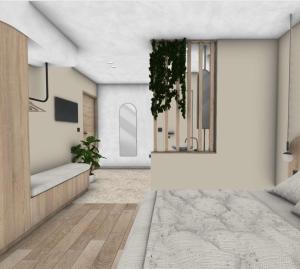 sala de estar con cama y ventana en Roula Kotsonis Superior Apartment, en Argassi