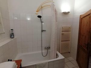 a bathroom with a shower and a bath tub at alte Schule Schmerlenbach 1903 Wohnung 60m² in Hösbach