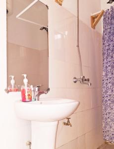 W łazience znajduje się umywalka i lustro. w obiekcie Meru Farm House w mieście Arusza