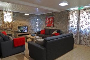 a living room with two couches and a tv at Private 2-bedroom apartment & private solar heated pool WiFi, AC in Tábua