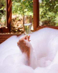 a person is holding a glass of wine in a tub at Wood Hills Hotel & Resort in Mayrūbā