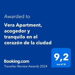 Certifikát, hodnocení, plakát nebo jiný dokument vystavený v ubytování Vera Apartment, acogedor y tranquilo en el corazón de la ciudad