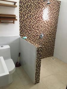 a bathroom with a toilet and a tiled shower at Kalunga Holiday Home in Banda