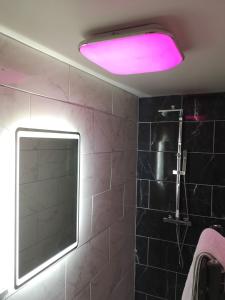 a bathroom with a mirror and a pink light at Arc Pod-HotTub-HuntersMoon-Warminster-Bath in Warminster