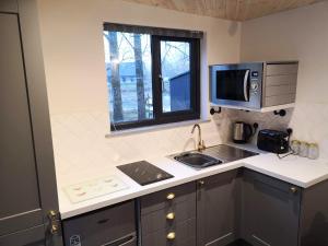 a kitchen with a sink and a microwave at Arc Pod-HotTub-HuntersMoon-Warminster-Bath in Warminster