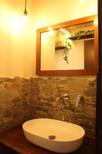 尼科洛西的住宿－Tenuta SGB - Il profumo del vino Etna Nicolosi，一间带水槽和镜子的浴室