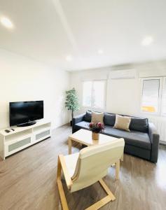a living room with a couch and a tv at Apartamentos dos Habs Madrid Urgel in Madrid