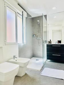 y baño con ducha, aseo y lavamanos. en Apartamentos dos Habs Madrid Urgel en Madrid