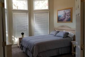 a bedroom with a bed with blue pillows and windows at Black Diamond Beauty with Concierge Service in Lecanto +21 photos