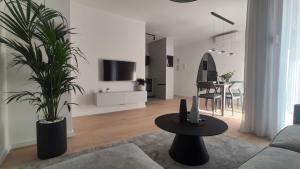 uma sala de estar com um sofá e uma mesa com plantas em Apartman Spalatum em Split