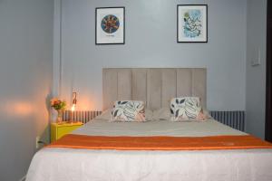 a bedroom with a large bed with two pillows at Hostel Cidade Velha in Belém