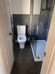 a bathroom with a toilet and a glass shower at RB Contractor Stays - Ty Capel in Pwllheli