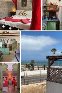 un collage de fotos de un dormitorio y una playa en Dar Statia 4 vue mer cité portugaise en El Jadida