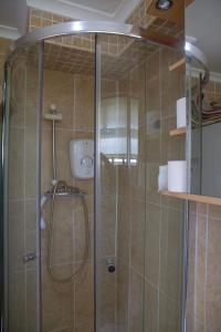a shower with a glass door in a bathroom at Spacious & bright 4-bedroom town-house with garden in Sydenham