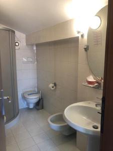 ein Badezimmer mit einem Waschbecken, einem WC und einem Spiegel in der Unterkunft Hotel Sole Holiday in Arco