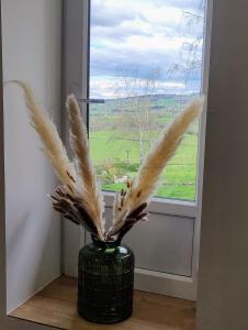 un jarrón con plumas delante de una ventana en Le Tilleul et spa, en Bully