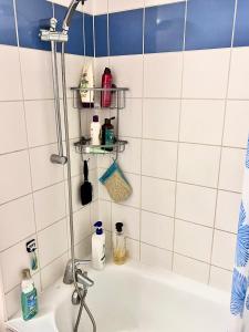 a bathroom with a tub and a shower with blue and white tiles at Comme à la maison 10mn du Stade de France in Aubervilliers +11 photos