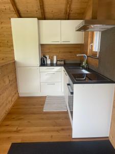 a small kitchen with white cabinets and a sink at Le Rucher Mirabelle in Coeuve