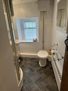 ein Bad mit einem WC, einem Fenster und einer Badewanne in der Unterkunft Superbly appointed 300 year old stone cottage in Bakewell