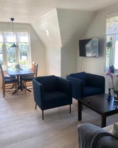 una sala de estar con 2 sofás azules y una mesa. en Store Ringheim Apartment - Villa Solberg, en Vossevangen