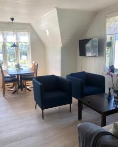 a living room with two blue couches and a table at Store Ringheim Apartment - Villa Solberg in Vossevangen
