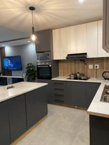 a kitchen with gray and white cabinets and a tv at North Pole in Darkton