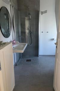 a bathroom with a sink and a shower and a mirror at Store Ringheim Apartment - Villa Solberg in Vossevangen