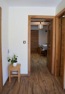 a hallway with wooden floors and a table with a potted plant at Apartments Katja in Bohinj