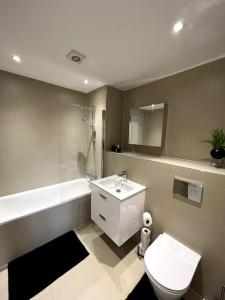 a bathroom with a toilet and a sink at Spacious One Bedroom Apartment in Hemel Hempstead