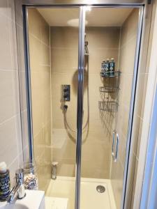 a shower with a glass door in a bathroom at Large light loft room - en suite in Brighton & Hove