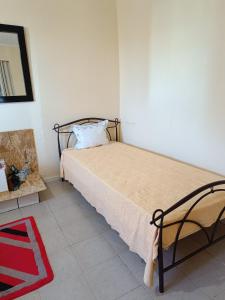 1 dormitorio con cama, espejo y alfombra en Dina's House en Leondari