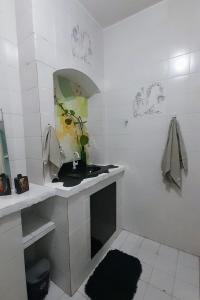 ラウロ・ジ・フレイタスにあるHospedaria Guapêの白いバスルーム(シンク、鏡付)